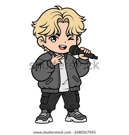 Chibi K-pop boy idol vector with messy blond hair, black bomber jacket, white tee, cargo pants, and sneakers. Holding mic in charismatic pose, HD cartoon illustration, flat style, clean background.