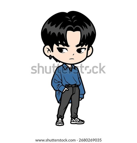 Chibi K-pop boy idol vector with center-parted black hair, oversized light blue shirt tucked in black pants, sneakers. Cool casual pose with hand in pocket, HD kawaii chibi style.