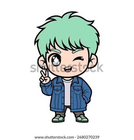 Chibi K-pop boy idol vector with mint green fluffy hair, denim jacket, white t-shirt, sneakers. Cute playful wink pose with peace sign hand gesture, kawaii chibi cartoon HD illustration.