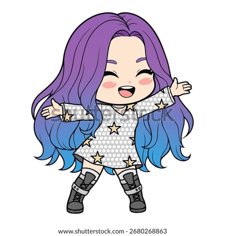 Chibi K-pop girl idol vector with long ombre purple-blue hair, sparkling star dress and boots. Energetic dance pose with smiling face, adorable kawaii cartoon style in HD vector art.