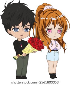 Chibi Man Gives Bouquet Roses Couple Vector