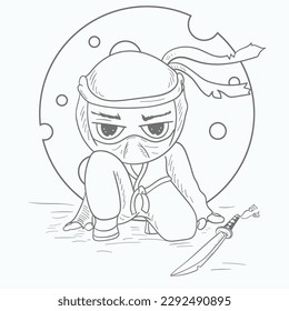 a Chibi man in a ninja spy costume sits next to a sword, contour vector illustration in the style of a doodle