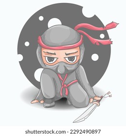 a Chibi man in a ninja spy costume sits next to a sword, a color contour vector illustration in the style of a doodle