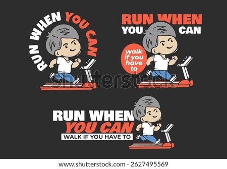 Chibi mascot boy runner running of treadmill, flat illustration design in 3 version