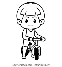 Chibi mascot character of a kid playing with bicycle. black and white line art