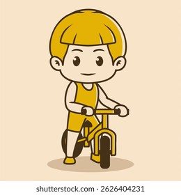 Chibi mascot character of a kid playing with bicycle. retro colors