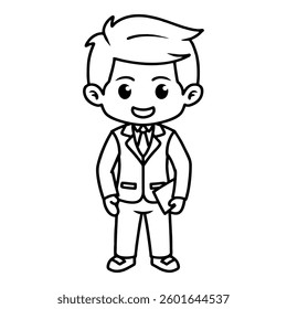 chibi mascot character of a man wearing an office suit standing upright and holding a laptop in black line art