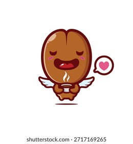 mascote chibi de grãos de café voadores inalando o aroma do café
