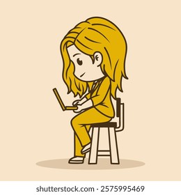 chibi mascot illustration of a woman sitting on a chair operating a laptop, in retro colors