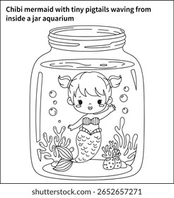 Chibi mermaid with tiny pigtails waving from inside a jar aquarium, with soft coral and gentle sea bubbles floating around—clean, playful line art.