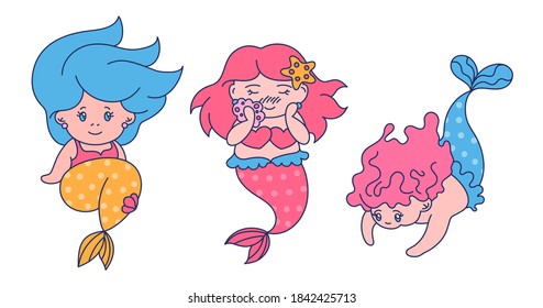 Chibi mermaids characters. Kawaii little mermaids - set of isolated stickers. Under the Sea - childish design elements. Three cute girls with fish tails