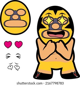 chibi mexican wrestler cartoon expressions pack illustration in vector format