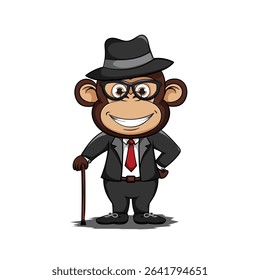 Chibi monkey in fancy mafia costume, standing with stick, white background.