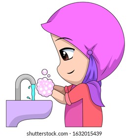 Chibi Muslim female cartoon characters. illustration of a child who likes to wash hands with hygienic soap. sterilization of hand hygiene. cartoon daily activities. cute Muslim children's cartoon.