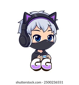 Chibi ninja gamer boy cartoon character mascot logo vector