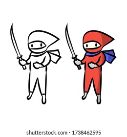 Chibi Ilustración de estilo dibujada a mano Ninja, con contornos para libros de coloración para niños
