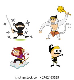 chibi ninja, hanuman, sun wukong, ghatotkacha vector illustration.