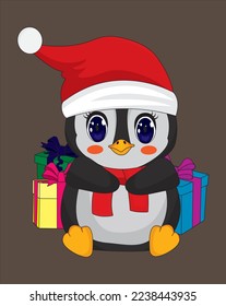 Chibi penguin sitting with gift Christmas vector