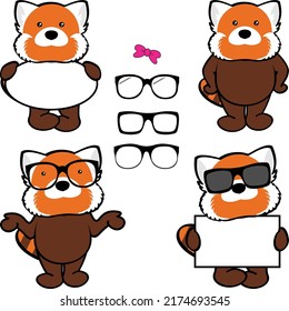 chibi red panda kid cartoon billboard and glasses pack illustration in vector format