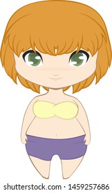 Chibi redhead in a two piece swimsuit with boy shorts and a strapless top.  Isolated vector illustration.