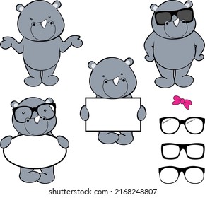 Chibi Rhino Kid Cartoon Billboard And Glasses Pack Illustration In Vector Format