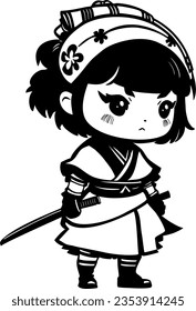 Chibi samurai. Japanese doll. Vector graphics. Black outline. Icon. sticker. Cartoon.