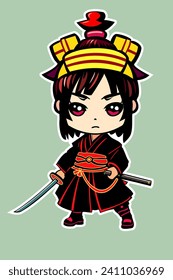 Chibi samurai. Sticker. Girl with a katana. Color vector graphics. Cartoon character.
