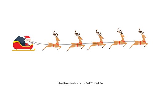 Chibi Santa Claus riding his sleigh with five reindeer. white background