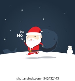 Chibi Santa Claus is running with a sack of gifts in the evening
