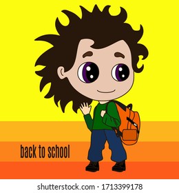 chibi schoolboy stands with a backpack on his shoulder and greets with an open palm, color illustration on an isolated background with an inscription back to school