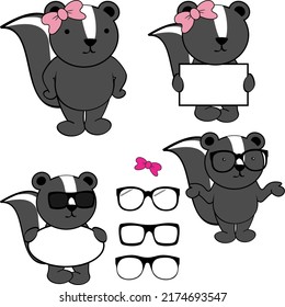 chibi skunk kid cartoon billboard and glasses pack illustration in vector format