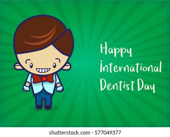Chibi smiling dentist wearing a bow tie. International Dentist Day horizontal poster with green background