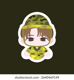 a chibi soldier colored flat illustration cartoon character, showcasing a tiny helmet and rifle, great for military and patriotic designs.