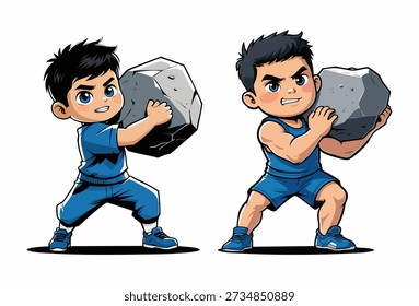 Chibi Strong Boy Lifting Rock Cartoon Illustration