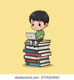 Niño de dibujos animados de estilo Chibi con cabello oscuro y camisa verde sentado en una pila alta de libros de colores, centrado en su computadora portátil de plata.