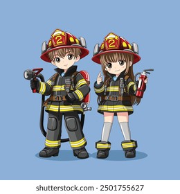 Chibi style couple Boy and Girl Fire fighter