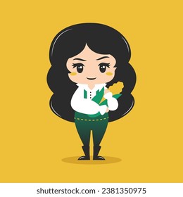 Chibi style girl character with corn. Flat style vector illustration.
