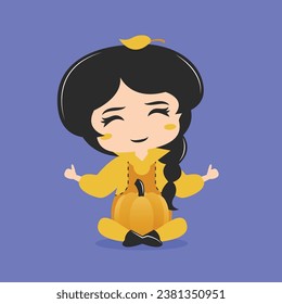 Chibi style girl character with pumpkin. Vector illustration in flat style.