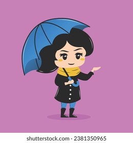 Chibi style girl character with umbrella. Vector illustration in flat style.