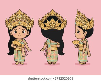 Chibi style illustration of a Balinese dancer in traditional costume, shown from front, back, and side views.