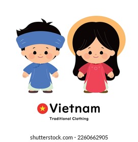 Chibi style people wearing traditional clothing from Vietnam