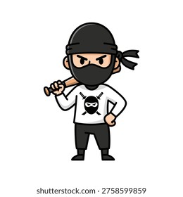 Chibi style vector illustration of a ninja holding a baseball bat. Bold lines and flat colors. Ideal for gaming assets, sports mascots, or action-themed marketing.