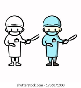 Chibi Surgeon hand drawn style illustration, with outlines for children's coloring books
