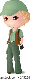 Chibi. A teenager with a camera in a case, a baseball cap, a shirt and khaki trousers. And a leather vest.
