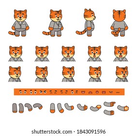 Chibi tiger in grey suit creation kit. Create your own action, pose, animation. Vector illustration bundle