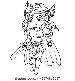 Chibi valkyrie cartoon holding sword line art