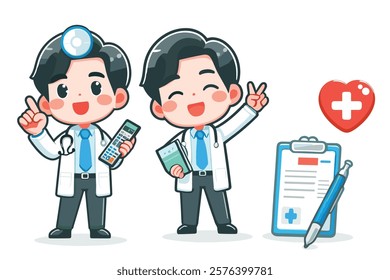 chibi vector doctor illustration with various poses, wearing white clothes and glasses