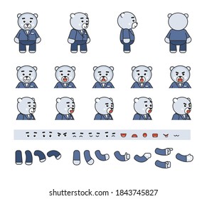 Chibi white bear in blue suit creation kit. Create your own action, animation, pose. Vector illustration bundle