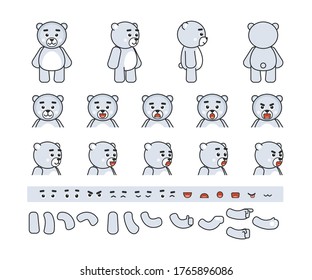 Chibi white bear creation kit. Create your own action, animation, pose. Vector illustration bundle