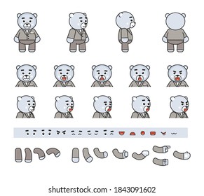 Chibi white bear in grey suit creation kit. Create your own action, animation, pose. Vector illustration bundle